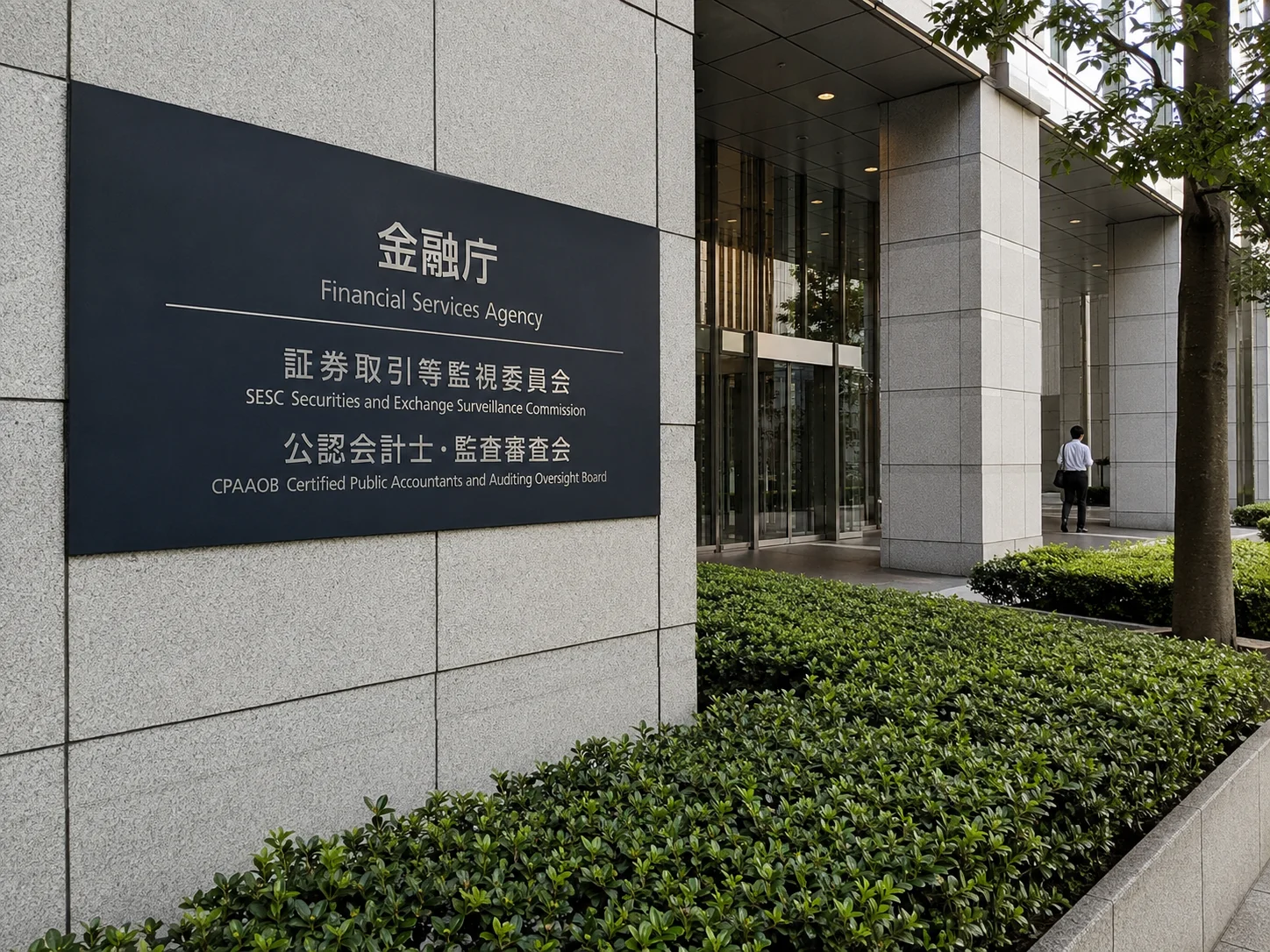 Financial Services Agency Japan building entrance with official signage listing the FSA, SESC, and CPAAOB.