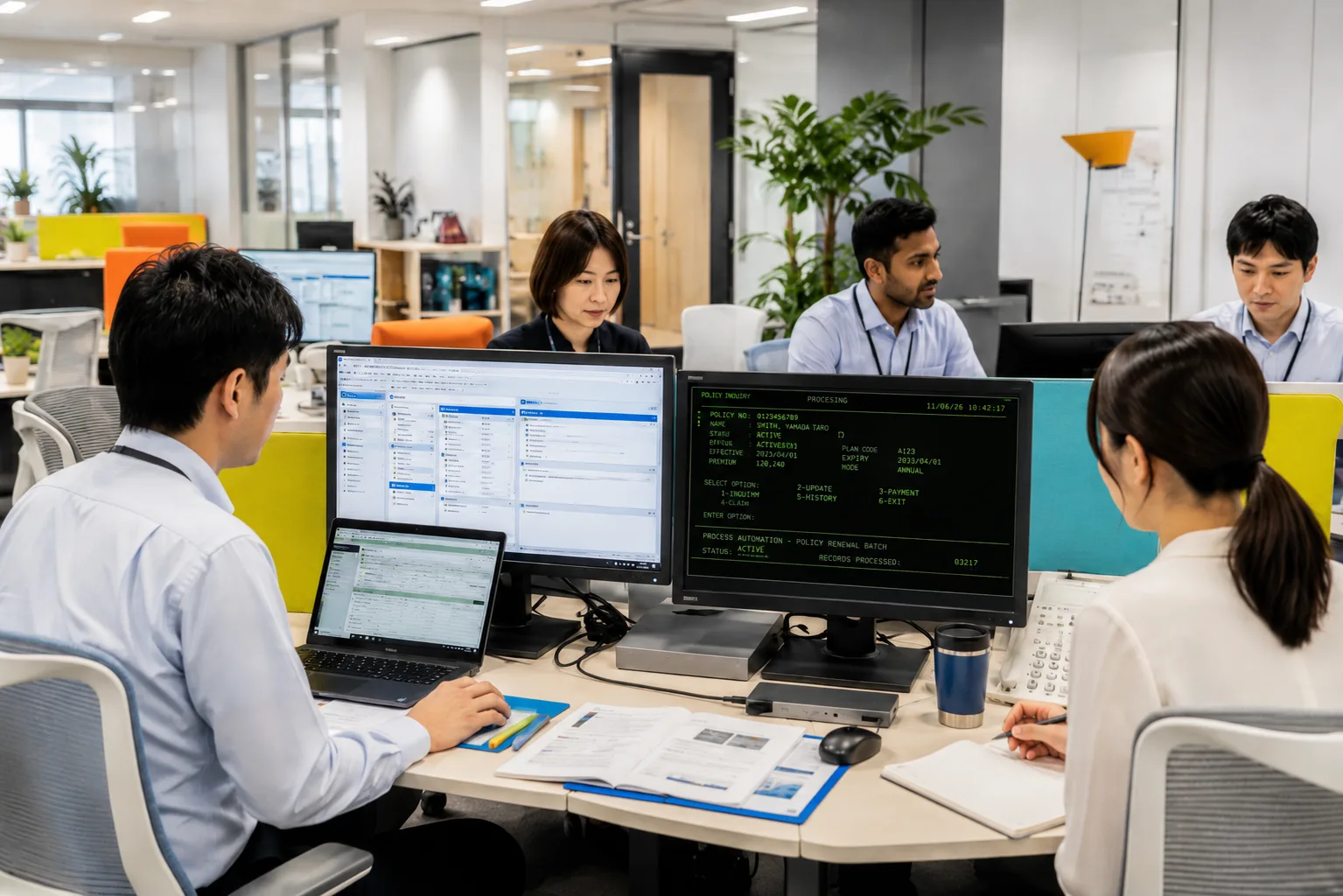 Japanese insurance operations office with staff working across legacy green-screen and modern policy administration systems, bridging old and new technology environments.