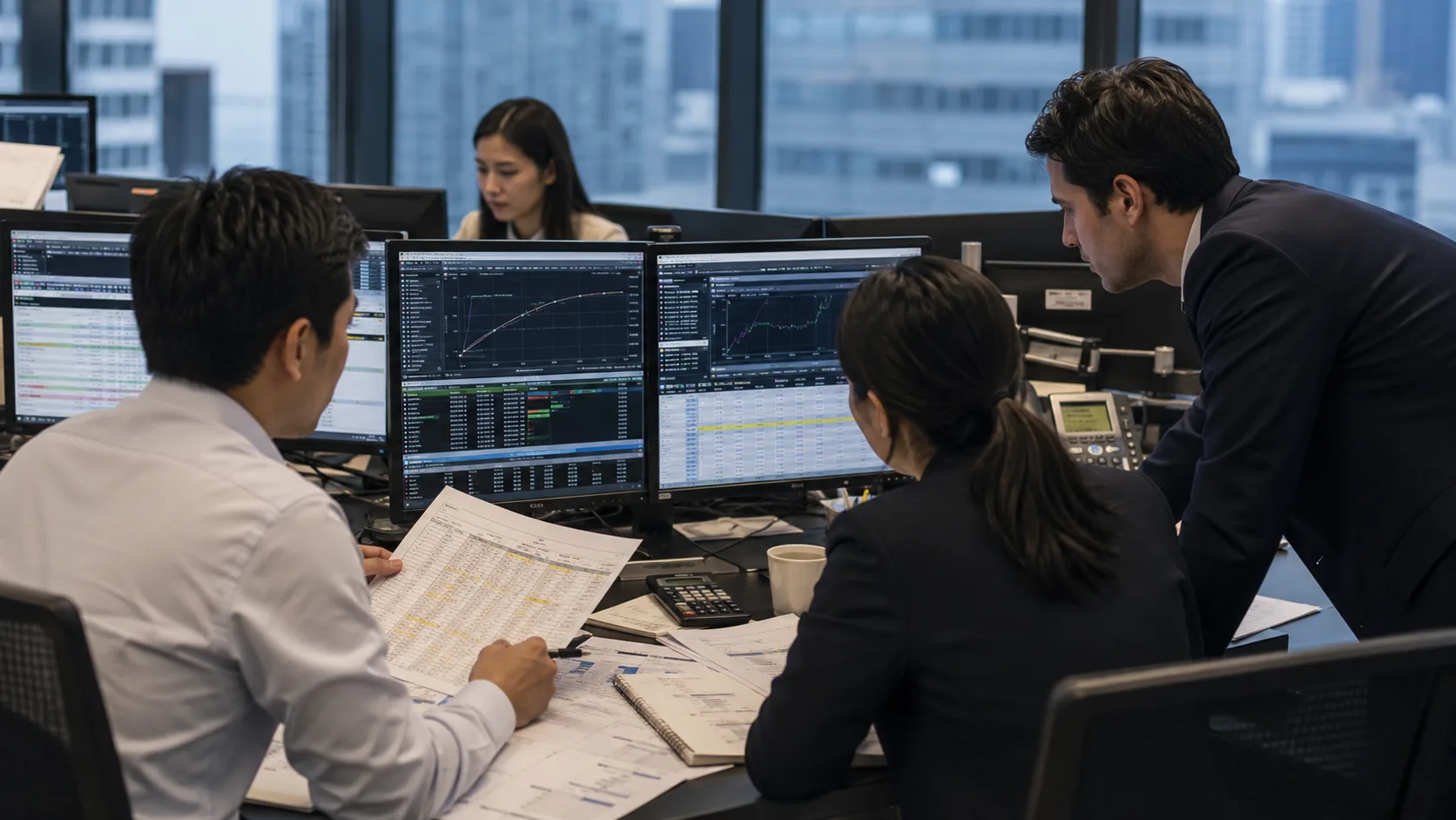 Investment bank middle-office and risk specialists reviewing interest-rate positions, trade data, and risk-management screens.