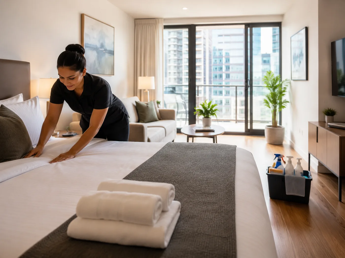 Professional cleaner preparing a modern short-term rental apartment with fresh linen and cleaning supplies.