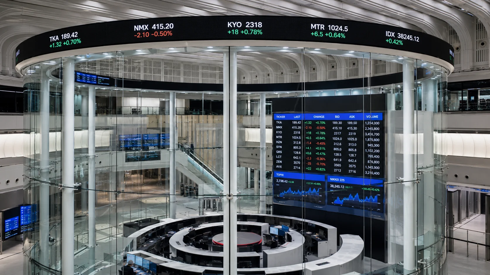 Modern stock exchange interior with circular trading floor architecture, electronic ticker displays, and market data boards.